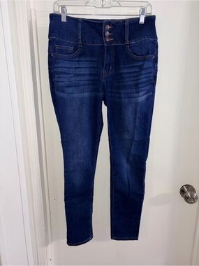 High-Rise Dark Blue Jeggings with Triple-Button Waist - Women